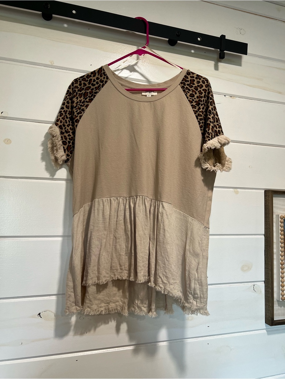 Leopard Raglan Sleeve Peplum Top - Beige